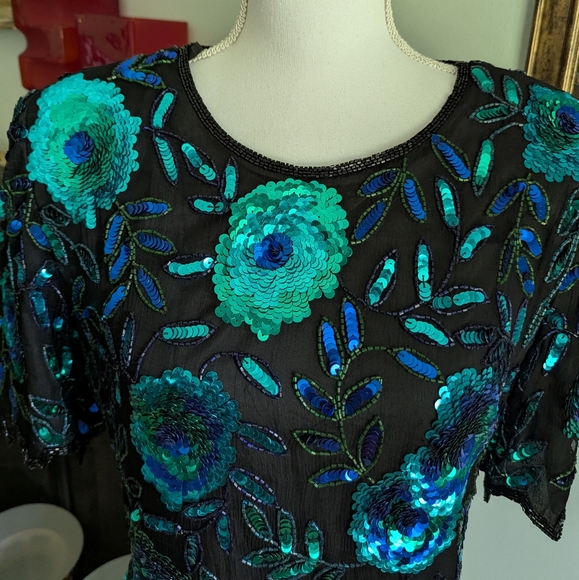80s Laurence Kazar M/L Sequin Beaded Top 100% Silk Evening Floral Black Blue - Picture 2 of 10